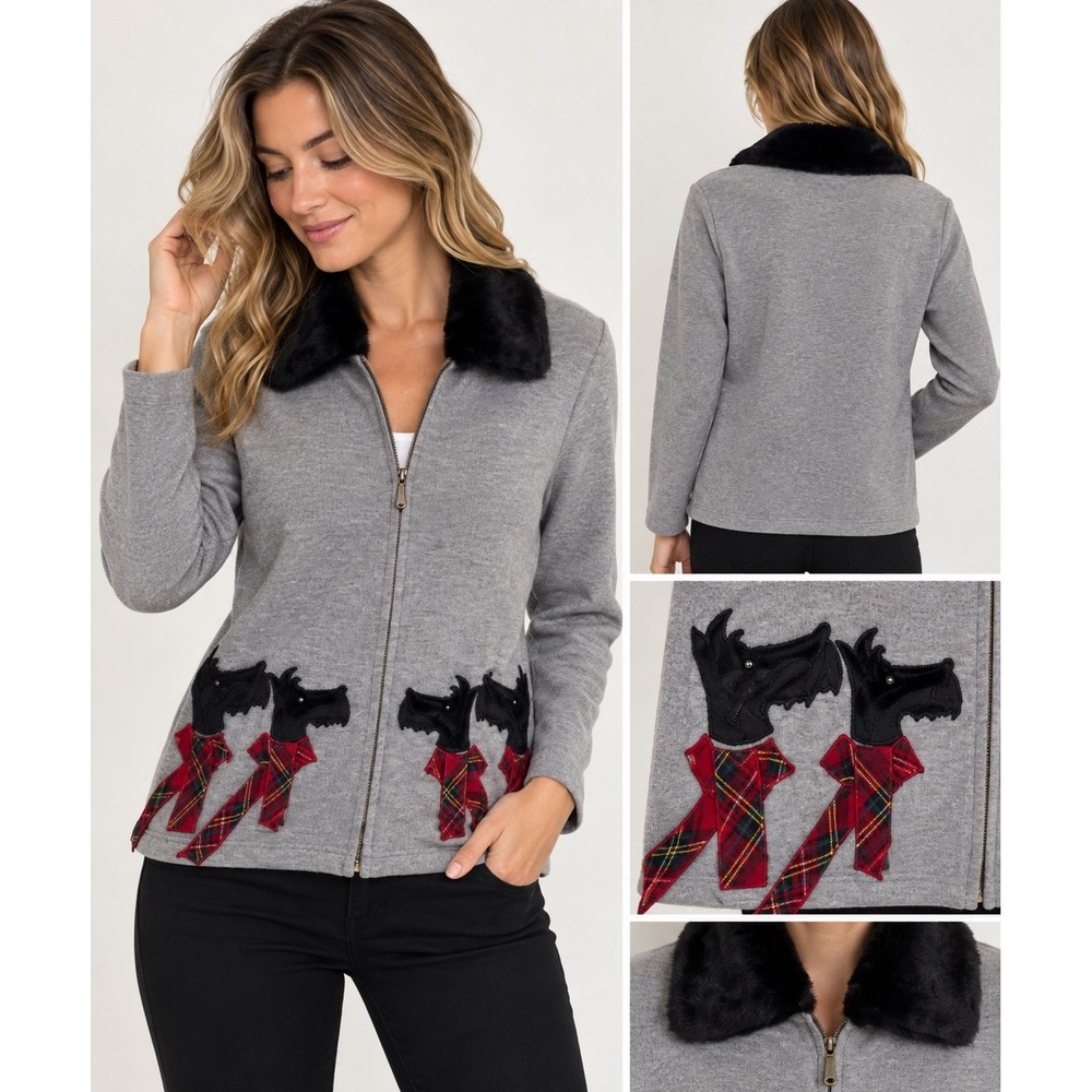 Vintage Y2K Onque Casuals Scottie Dog Plaid Faux Fur‎ Collar Cardigan Jacket S